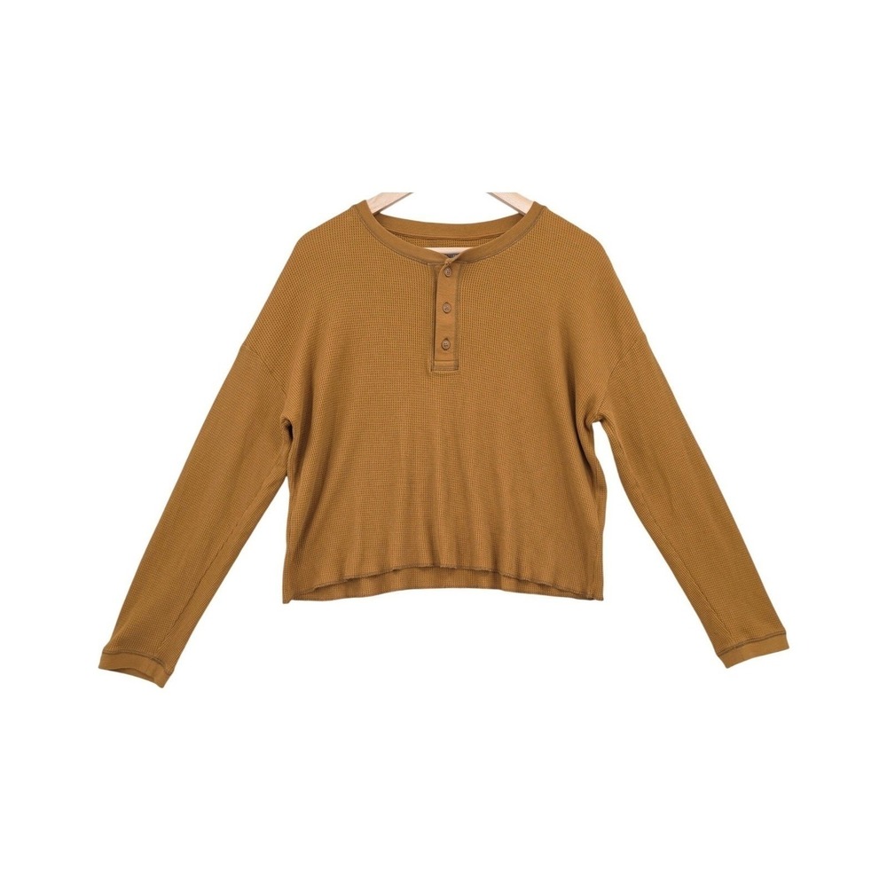 Everlane Womens M Dark Mustard Organic Cotton Waffle Knit Henley Shirt